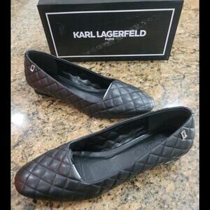 Karl Lagerfeld Paris Black Sheep Leather Quilted Ballet Flat Womens Shoes New 10